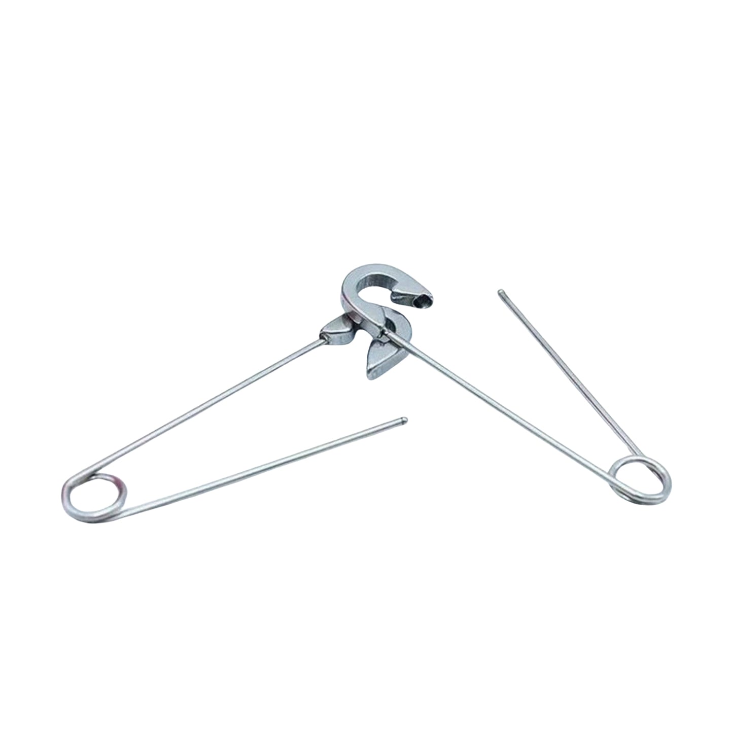 Metal safety pin earrings on a white background