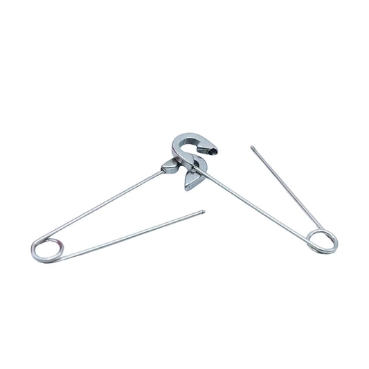 Metal safety pin earrings on a white background