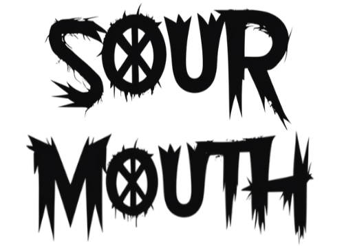 Black text 'SOUR MOUTH' with a stylized design on a white background